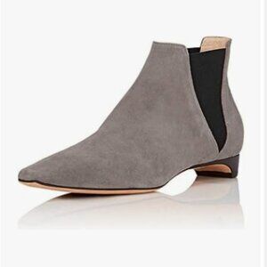 XYD Grey Square Toe Chelsea Ankle Boots Faux Suede Low Heel Slip On Dress Boot